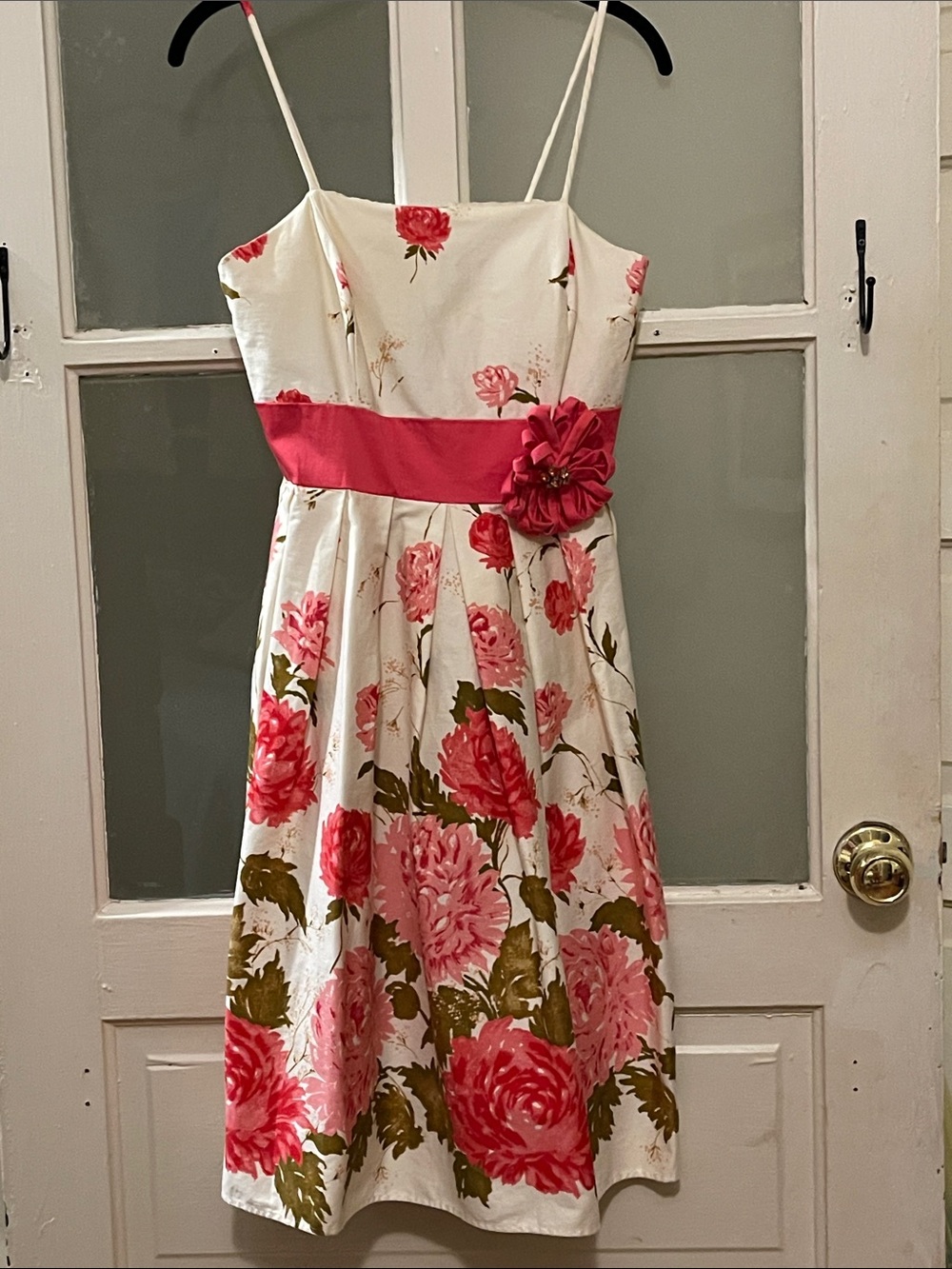 Jessica Howard White Midi Dress with Pink Floral Print and Pink Sash